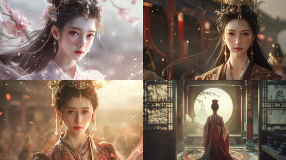 中国风古代美少女全身像，场景宏大，画质清晰，身着华服表情端庄，流光溢彩，写实视角，长焦镜头，正面光，静止，优雅，冷色调。