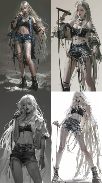 吕姬灵感的角色，手持麦克风，全身像，牛仔短裤夏装，极长金发，黑白衣服，黑色长发，高清晰度，逼真，冷色调，正面光，静态。