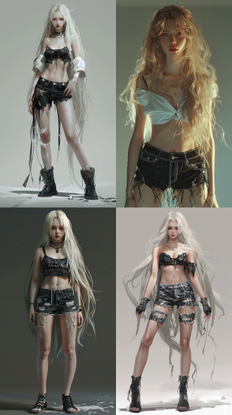 单个角色全身像，类似吕姬，白女巫形象，黑白装牛仔短裤，极长金发，美丽逼真，人体模型，全艺术风格，冷色调，正面光，静态。