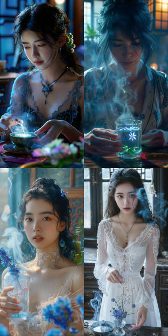 a 20-year-old asian woman,low cut clothing,snow white,very beautiful,with smooth and firm skin. she was adding a mysterious blue plant to a glass of hot water in her villa. smoke rises from the cup while the flowers glow a grey-blue. using 4k 35mm footage, realistic style, applied contrast, ultra-detailed.hd16k,,in clothes