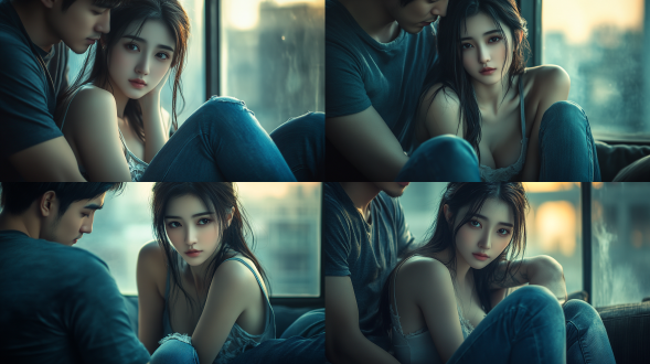 a tall chinese female model and her boyfriend are deeply embracing. the girl is dressed in cool attire, sitting on the sofa, straightening her back, her entire body resembling a 9-head figure, her expression passionate and dreamy. she wears a tank top, a firm bust, long, slender legs with rounded thighs and thin calves, her legs long and straight, her legs crossed, with lace, thigh-high stockings, and high heels. she has a chinese face with delicate features. her boyfriend is tall and muscular, holding the girl in his arms. the composition is centered, with warm tones, a telephoto lens, backlighting, in 8k resolution, and a realistic style.