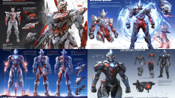 "ultraman-gundam hybrid mecha, futuristic biomechanical design, seamless fusion of japanese tokusatsu hero and military mecha aesthetics, glowing energy core on chest (resembling ultraman's color timer), angular armor plating with gundam-style vernier thrusters, metallic silver and red color scheme, streamlined helmet with ultraman's iconic eye shape and gundam's visor slit, plasma beam weapons emitting from wrists, dynamic battle stance on alien battlefield, surrounded by cosmic energy aura and explosion debris, hyper-detailed mechanical textures with organic light patterns, cinematic lighting with dramatic perspective"