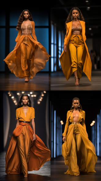 楼兰美女走t台，中心构图，t台环境，长焦镜头，顶光，慢快门，自信步伐，华丽艾德莱斯绸，暖色系，惊艳迷人。