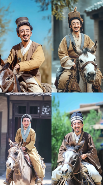 阿凡提骑驴逛喀什古城，本地中世纪服饰，微笑，三分法构图，暖黄主调，长焦镜头，侧逆光，慢快门，悠闲，民族风情。