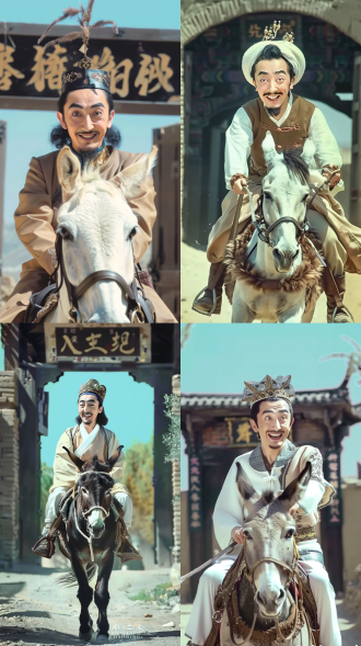 阿凡提骑驴逛喀什古城，居中构图，暖黄主调，复古风格，中长焦镜头，侧逆光，微笑骑行，本地中世纪服饰，现代古城门背景。 七分身 v杂志