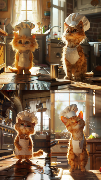 蓬松橘猫戴白厨师帽围裙站卡通厨房，阳光透窗，三分法布局，3d皮克斯风，暖光，微距，毛发超细节，活泼氛围。