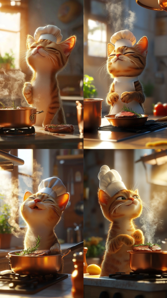 猫厨师在法式小酒馆厨房煎带迷迭香牛排，有黄油滋滋声，配铜锅，暖光，uhd画质，烧焦有幽默烟云，三分构图，近景，温馨。 头部特写 明亮的