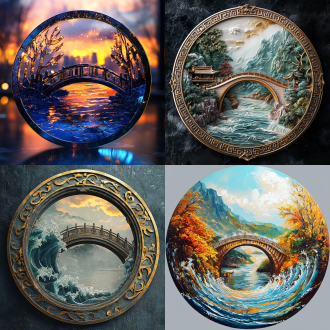 徽章设计，以伊犁河大桥为元素的圆形徽章，金属制作，水的形态，3d效果，细节丰富，微距镜头，自然光，绘画动作，多元素，鲜艳色彩，创意灵感，兴奋。