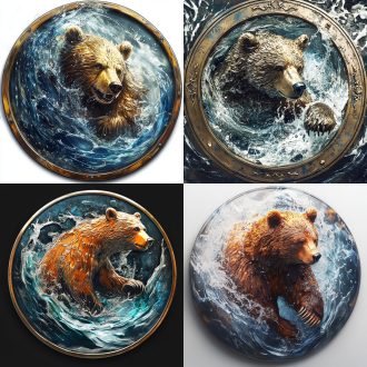 徽章设计，以熊大为元素的圆形徽章，金属制作，水的形态，3d效果，细节丰富，微距镜头，自然光，绘画动作，多元素，鲜艳色彩，创意灵感，兴奋。