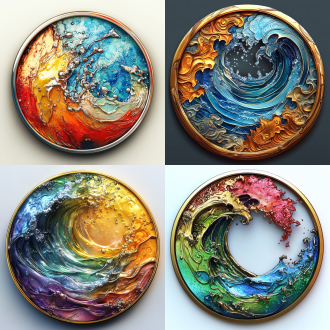 徽章设计，以某所小学为元素的圆形徽章，金属制作，水的形态，3d效果，细节丰富，微距镜头，自然光，绘画动作，多元素，鲜艳色彩，创意灵感，兴奋。