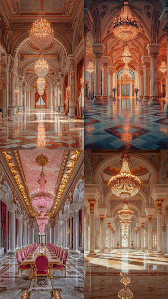 叶尔羌汗国宏伟宴会厅，对称布局，大理石柱、天鹅绒帘、粉光水晶吊灯、油画质感，暖光，古典风，长焦，华丽氛围。
