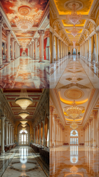 卡拉汗王朝华丽宴会厅，对称布局，大理石柱、天鹅绒帘、粉光水晶吊灯、油画质感，暖黄调，全景镜头，顶光，庄重。