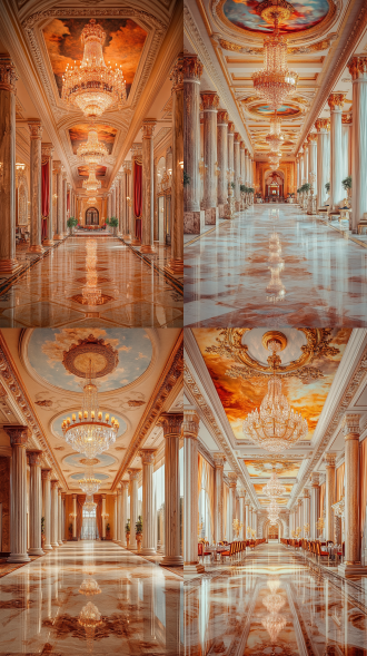 卡拉汗王朝华丽宴会厅，对称布局，大理石柱、天鹅绒帘、粉光水晶吊灯、油画质感，暖黄调，全景镜头，顶光，庄重。