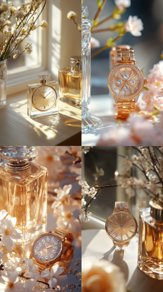 手表全景，简洁场景，3颗水钻点缀，淡金色外观，旁置香水，中心构图，自然光特写，电影质感，精致优雅。