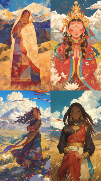 藏族女性肖像，祥云八吉祥环绕，雪山青稞田衬托，唐卡风，藏红鎏金，4k超清，高原日光，经幡动态，氆氇纹理。