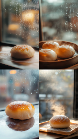 极简主义烤包子，特写俯视视角，4k美食摄影，韩式柔光，晨间6:47阳光穿透冷凝水雾的玻璃窗，背景虚化中亚风餐厅，ins风美食