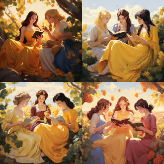 三个楼兰公主葡萄园中采葡萄、看书，极简扁平风，三分构图，暖黄调，特写镜头，侧逆光，优雅姿态，绝美容貌身材，16k画质。