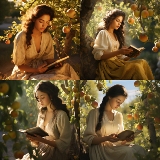 乌孜别克族三公主果园摘苹果看书，三分法构图，茂密果园，暖黄调，长焦镜头，侧逆光，自然动作，绝美面容，现实主义，16k超高清。