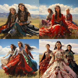 三位哈萨克族公主在那拉提草原，将传说绣入裙摆，容貌绝美，对角线构图，16k超高清，现实主义，暖光，长焦，优雅动作，多彩。