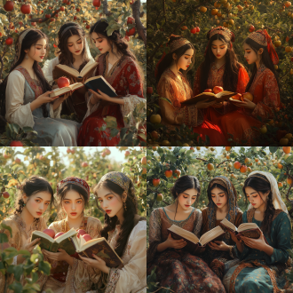 三个维吾尔族公主在苹果园摘苹果看书，三分法构图，茂密果园，暖黄调，长焦侧逆光，自然动作，绝美面容，现实主义，16k超高清。