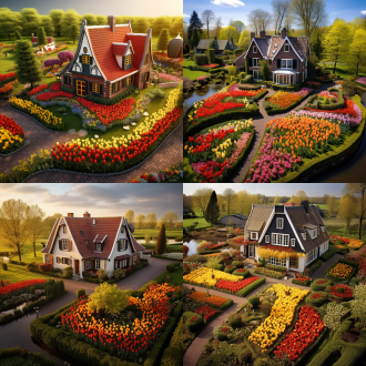 荷兰风格郁金香庭院房子，红黄郁金香，白墙茅草屋，蜿蜒石路，鸟瞰视角，暖光，高饱和度，清新氛围。