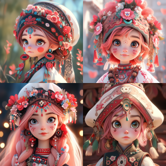 维吾尔族3d女孩，大圆眼小鼻雀斑唇红，粉红发戴花帽穿民族风裙，梦幻场景，超广角，暖光，甜美异想天开，对角线构图。