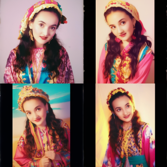 维吾尔族3d女孩，大圆眼小鼻雀斑唇红，粉红发戴花帽穿童话民族风裙，梦幻场景，超广角，暖光，甜美，异想天开。 超级马里奥 半身 环境光