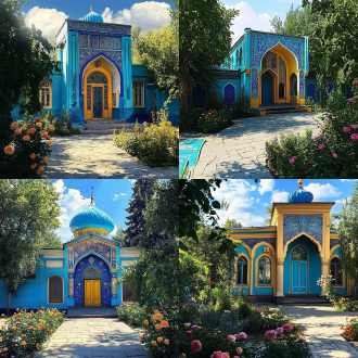 中亚都市别墅被月季花覆盖，旁有石板路与清澈水沟，蓝天白云斜阳光，动漫风，全景视角，高分辨率高细节高对比度，柔和光自然色梦幻氛围。 奥斯曼式 阳光照射