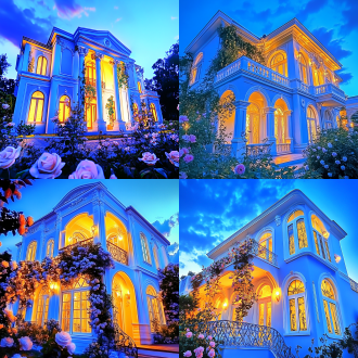 都市别墅被攀爬月季覆盖，夕阳照耀，动漫风，全景视角，高分辨率高细节高对比度，柔和光自然色，梦幻氛围。