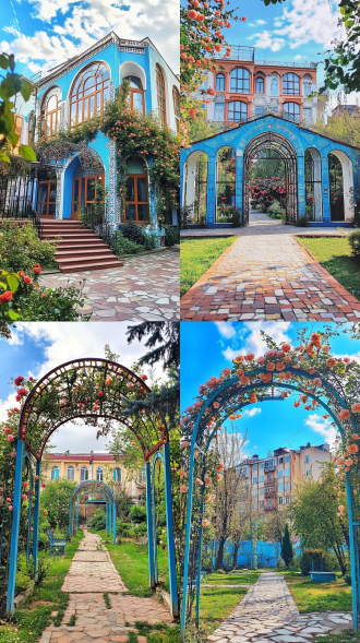 攀爬月季花覆盖元素，全景视角，现实主义，色彩鲜艳，阳光明媚，高分辨率细节对比度，自然色，梦幻氛围。 城市公园 当代建筑