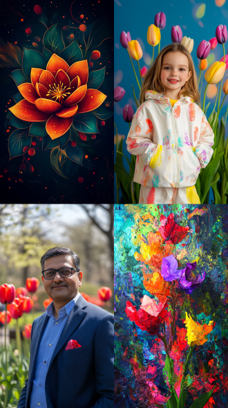 郁金香开花，三分法构图，花园场景，鲜艳色彩，微距镜头，顶光，焦点清晰，微风中摇曳，生机勃勃。 泰姬陵 摄影纪实