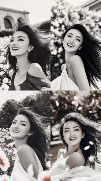 参考图人物面部细致穿海滩纱裙，春游场景，三分法构图，自然环境，清新色彩，长焦镜头逆光，欢笑漫步，活力氛围。 花园背景 三分法构图