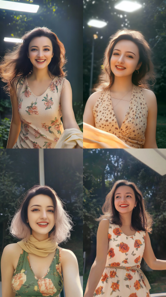 参考图人物面部细致面相优化，穿运动连衣裙春游，三分法全身照，自然环境，清新色，长焦逆光，欢笑漫步，活力氛围。 花园背景 三分法构图