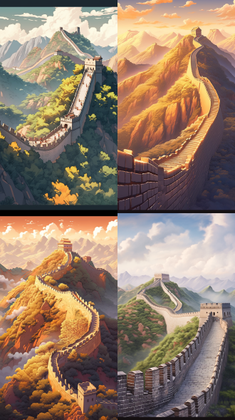 长城蜿蜒，前景近景远景层次分明，全景构图，暖黄与青灰配色，顶光，壮丽氛围，雄伟气势，广角镜头，高饱和度。 三分法构图 金字塔 未来主义