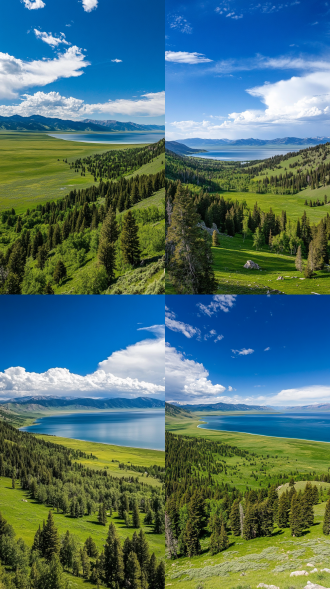 赛里木湖旁绿色平地草原与树林，晴天多云，融合参考图，奢华金点缀，对角线构图，广角镜头，顶光，明亮色调，开阔氛围。