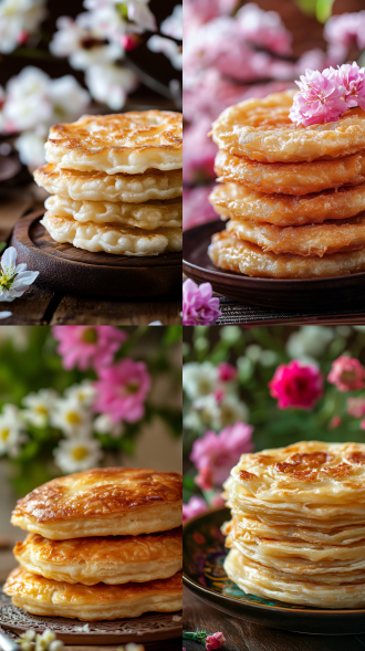 五层馓子特写，鲜花衬托，居中构图，新疆美食风，长焦镜头，超真实纹理，暖光，高清，特写，诱人。