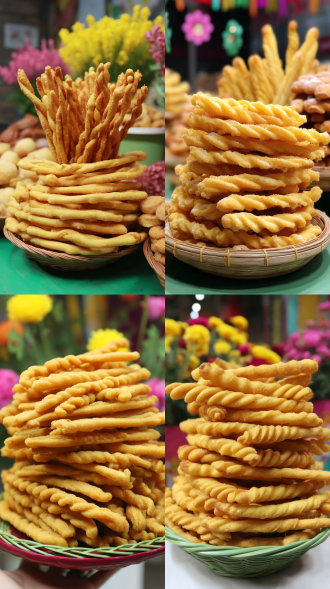 新疆美食馓子特写，鲜花衬托，参考图融合，长焦镜头，超真实纹理，暖光，特写构图，高清，色彩鲜艳，诱人。 特写 虚化 明亮的