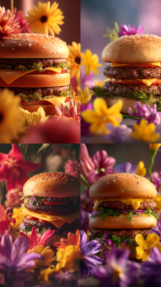 双层牛肉汉堡特写，鲜花衬托，居中构图，暖光，长焦镜头，超真实纹理，高清，美食诱惑感，鲜艳色彩。