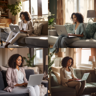 白天 中午 一位女人坐在客厅沙发上，手里拿着笔记本电脑，非裔美国人年轻女子，笔记本电脑，非洲裔美国妇女，在笔记本电脑上打字，非裔美国人优雅女孩， 远景 远拍，高细节，16k高清，写实摄影，高清4k 32k