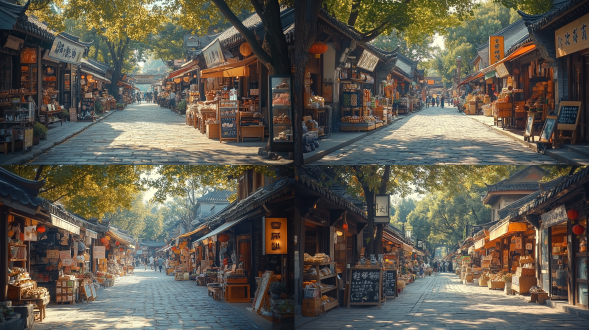 南郊汉肆项目 城郊市集，石板街道，暖黄主调，汉唐古街风格，长焦镜头，顶光，人来人往，农产品文创美食，文化传承氛围浓。