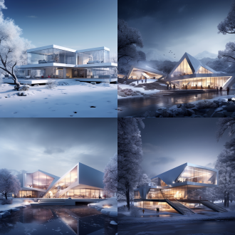 成都近郊浅山建筑，极简“雪立方”外观，山顶雪景厅，多功能分区，对角线构图，全景视野，冷色调，侧逆光，广角镜头。