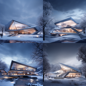 成都近郊浅山建筑，极简“雪立方”外观，山顶雪景厅，多功能分区，对角线构图，全景视野，冷色调，侧逆光，广角镜头。