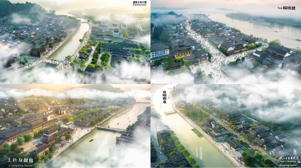 乐山江边小镇，唐风建筑青石巷，人群熙攘，对岸朦胧浅丘，航拍，侧逆光慢快门，暖黄调，宁静古韵似《清明上河图》。