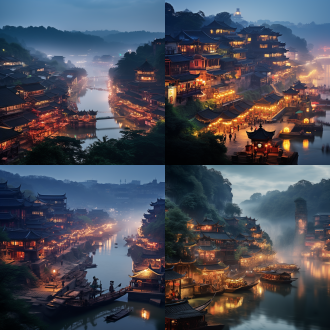 乐山江边小镇，只有一边有建筑，另一边是浅丘陵，唐代建筑风格，青石巷，人群熙攘，整体朦胧航拍，侧逆光慢快门，夜景，渔舟晚唱