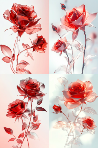 红色玫瑰、水晶体、设计感、三维渲染、c4d、oc渲染、通透玻璃材质、透明材质、光影对比强烈、细节呈现、光影线条对比、主体全景、渐变背景、背景干净、光线柔和,机械未来风格、金属材质、未来主义有机花朵、 玻璃、金属、构图、超现实主义