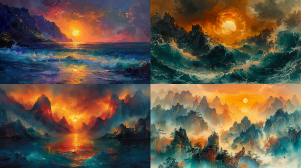 epic chinese landscape painting, golden sunset over majestic mountains, the yellow river rushing towards distant ocean, dynamic waves with white foam, flying cranes in silhouette, warm amber light blending with cool blue waters, traditional ink wash texture, misty atmosphere with layered peaks, vibrant orange and teal color scheme, panoramic view with dramatic perspective, swirling clouds reflecting sunset hues, impressionistic brushstrokes with delicate details, harmonious balance of movement and stillness
