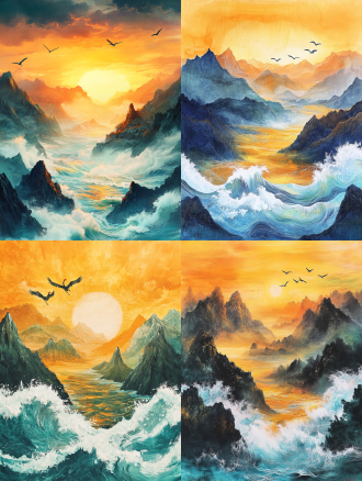 epic chinese landscape painting, golden sunset over majestic mountains, the yellow river rushing towards distant ocean, dynamic waves with white foam, flying cranes in silhouette, warm amber light blending with cool blue waters, traditional ink wash texture, misty atmosphere with layered peaks, vibrant orange and teal color scheme, panoramic view with dramatic perspective, swirling clouds reflecting sunset hues, impressionistic brushstrokes with delicate details, harmonious balance of movement and stillness