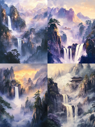 spectacular chinese mountain landscape, colossal waterfall cascading from mist-shrouded peaks like silver dragon, violet haze swirling around incense burner-shaped cliffs, golden sunlight piercing through iridescent clouds, splashing water droplets forming prismatic rainbows, ancient pine trees clinging to jagged rocks, distant pavilions half-hidden in ethereal fog, ink wash texture with flying white brushstrokes, dynamic composition with diagonal energy flow, cool indigo shadows contrasting with warm amber highlights, sense of divine power merging with delicate mist, wispy cloud ribbons echoing waterfall's movement, celestial atmosphere suggesting galaxy falling from heaven