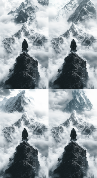 ancient chinese ink painting style, majestic mountain peaks piercing through layers of mist, swirling clouds embracing jagged cliffs, a lone scholar in flowing robes standing atop the summit gazing into the void, distant mountains rendered as faint ink washes beneath rolling fog, dynamic brushstrokes capturing wind and light, muted indigo and celadon tones with splashes of golden dawn, song dynasty landscape aesthetic, ethereal emptiness, vertical scroll composition