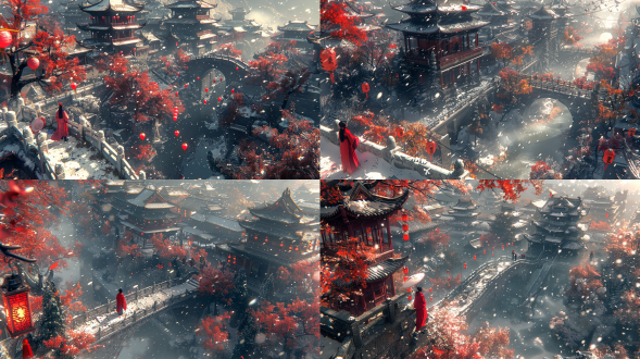 aerial wide-angle view of the forbidden city, intricate carved white jade railings winding through snow-covered palaces with golden double-eaved roofs, a woman in vibrant crimson hanfu standing on arched marble bridge holding semi-transparent white paper umbrella, heavy blizzard with wind-blown snowflakes blending with falling cherry blossoms,俯视构图展现建筑群对称轴心, cinematic depth from wide-angle distortion,冷色调冰雪与暖色灯笼/汉服对比,雾凇挂枝细节, 8k unreal engine 5 rendering with ray-traced ice reflections on jade surfaces, dynamic cloth simulation on flowing sleeves